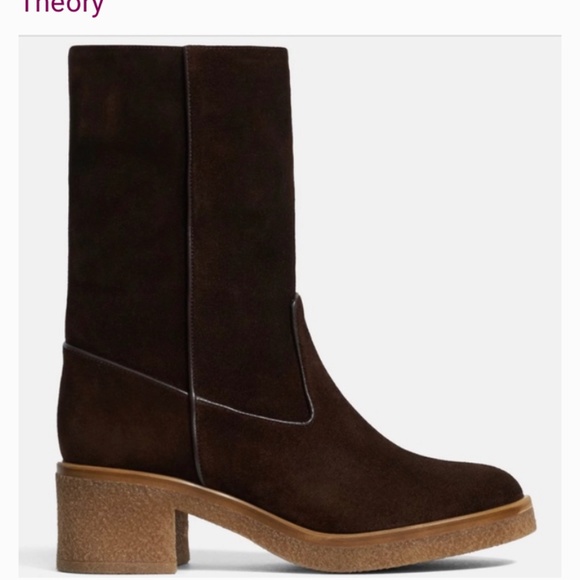 New Theory Crepe Heel Bootie Brown Cow Suede , Dyed Shearling Lamb Sz 41 Italy - Picture 2 of 8